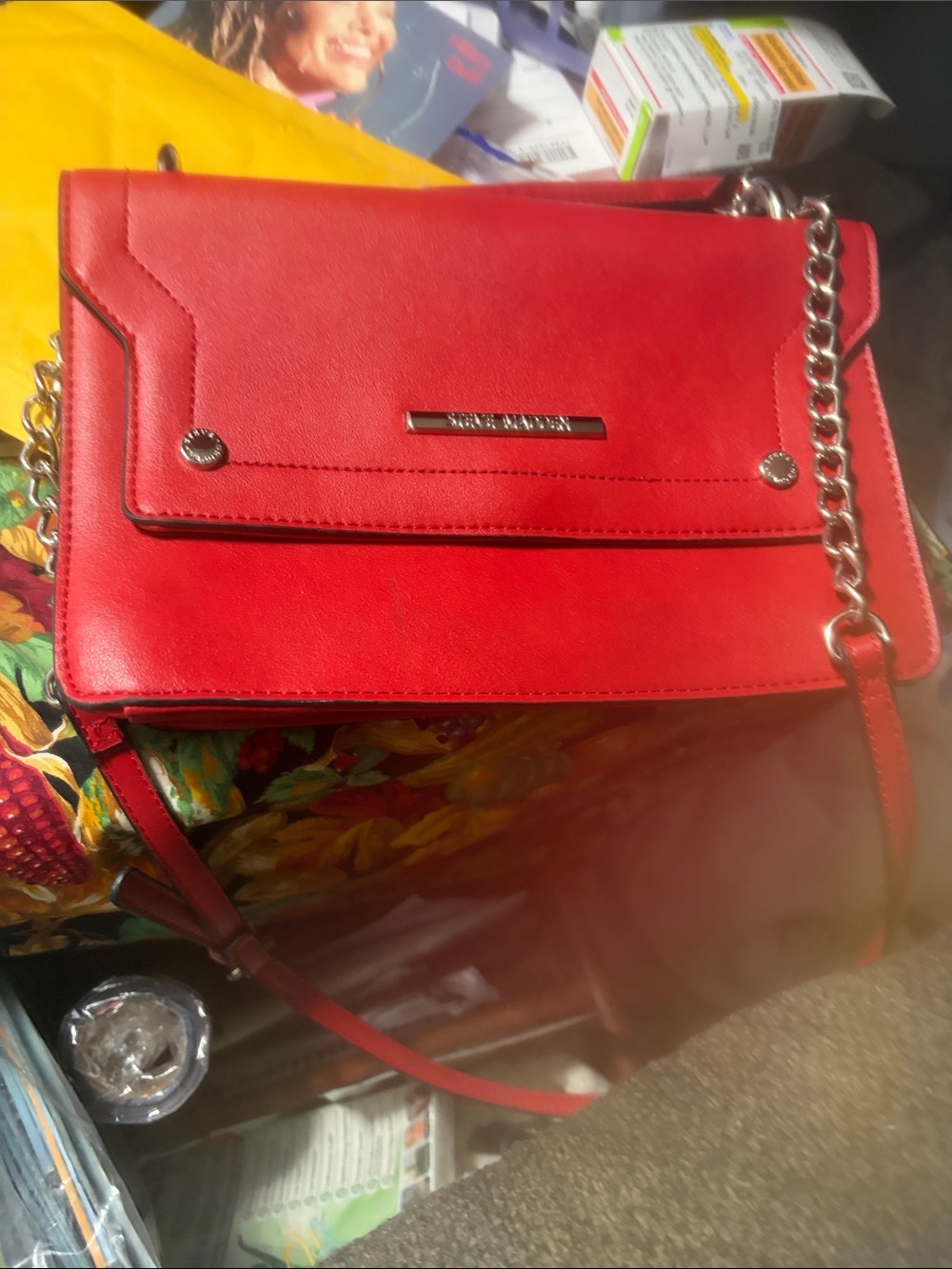 Steve Madden crossover red bag with chain accent and adjustable strap